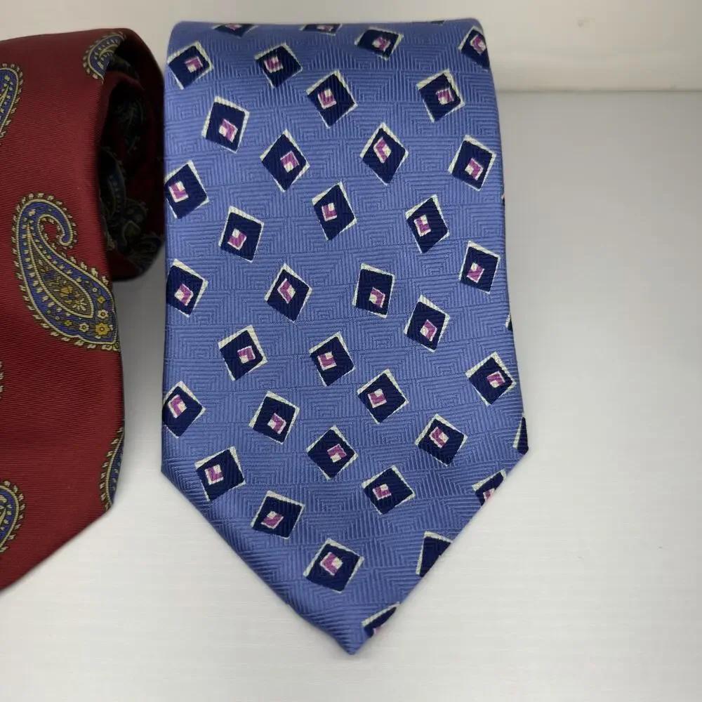 2 Silk Ties Vintage Ralph Lauren Chaps Polo Blue Geometric Red Paisley Handmade